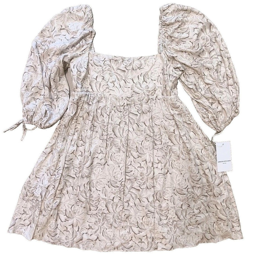 NWT Amanda Uprichard Babydoll Dress Floral Ivory Beige Puff Sleeve Cottage Sz L